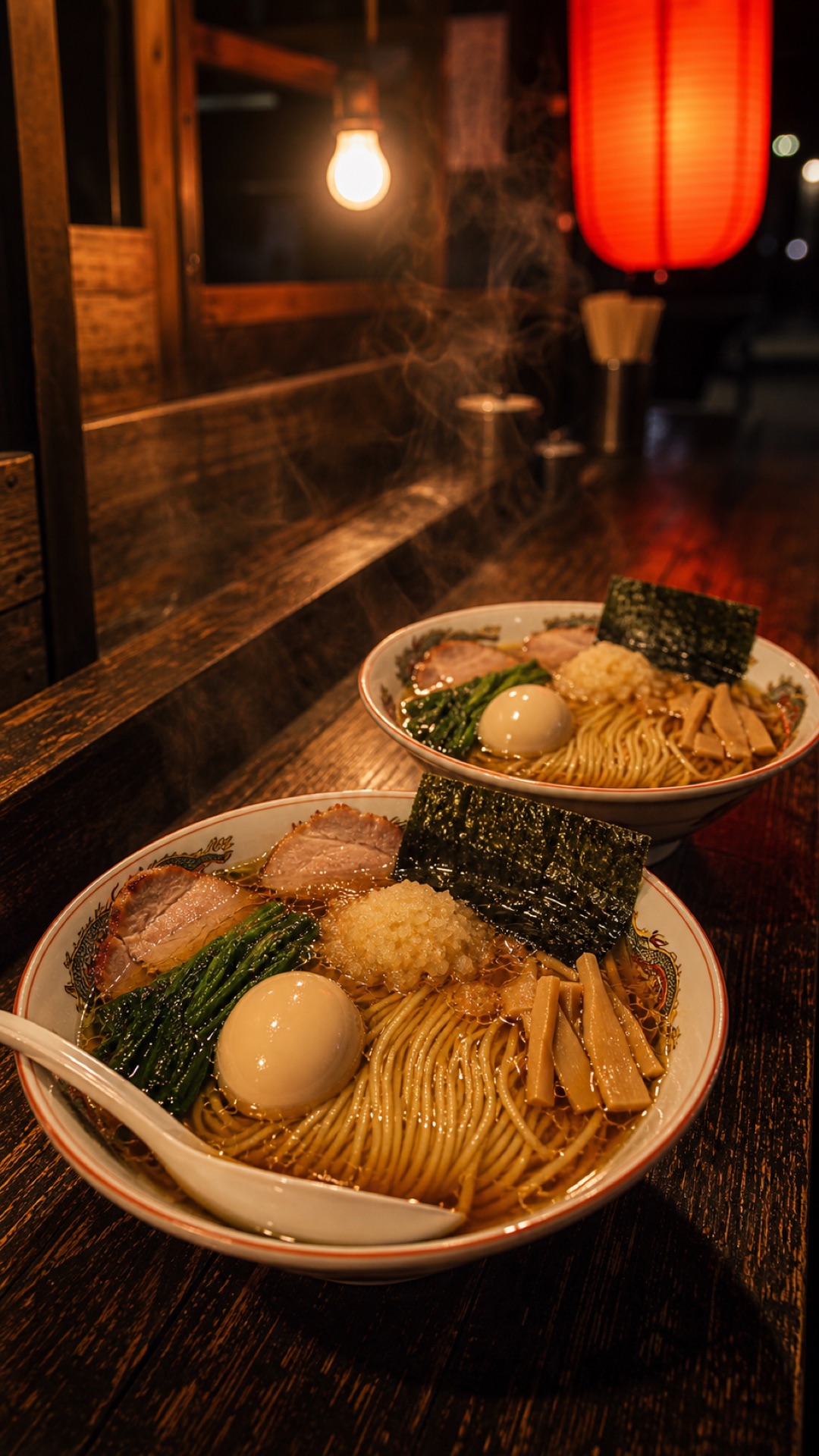 カウンターに並ぶラーメン
